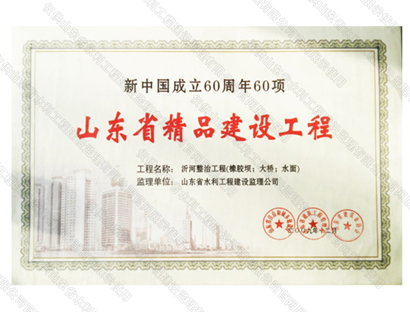 沂河整治工程（橡膠壩；大橋；水面）獲山東省精品建設工程